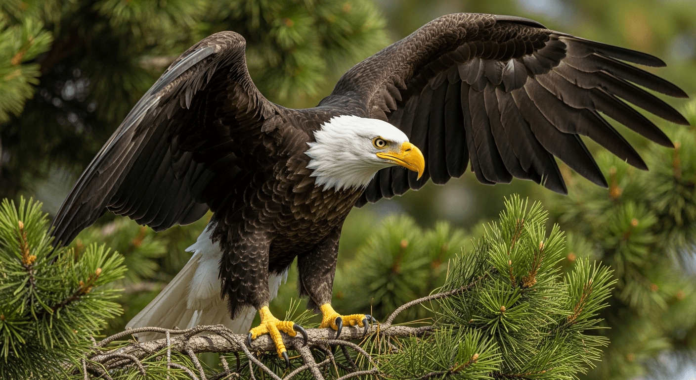 Bald eagle perched on pine branch