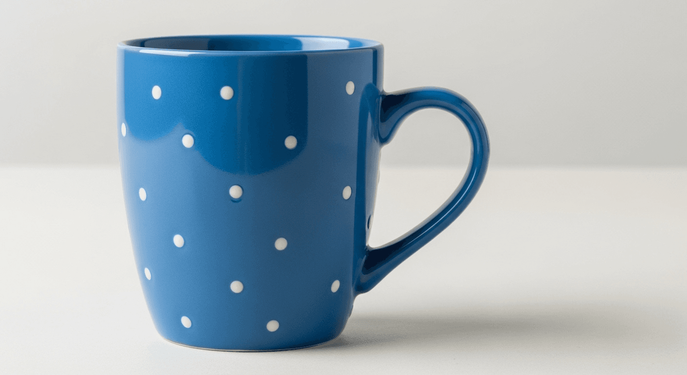 Blue ceramic coffee mug with white polka dots and ergonomic handle