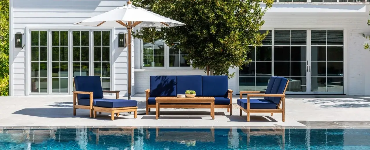 Elegant pool terrace with wooden sofa