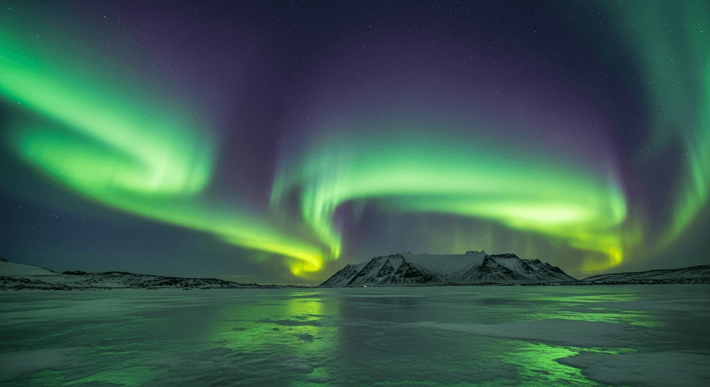 Northern Lights over frozen lake in Iceland