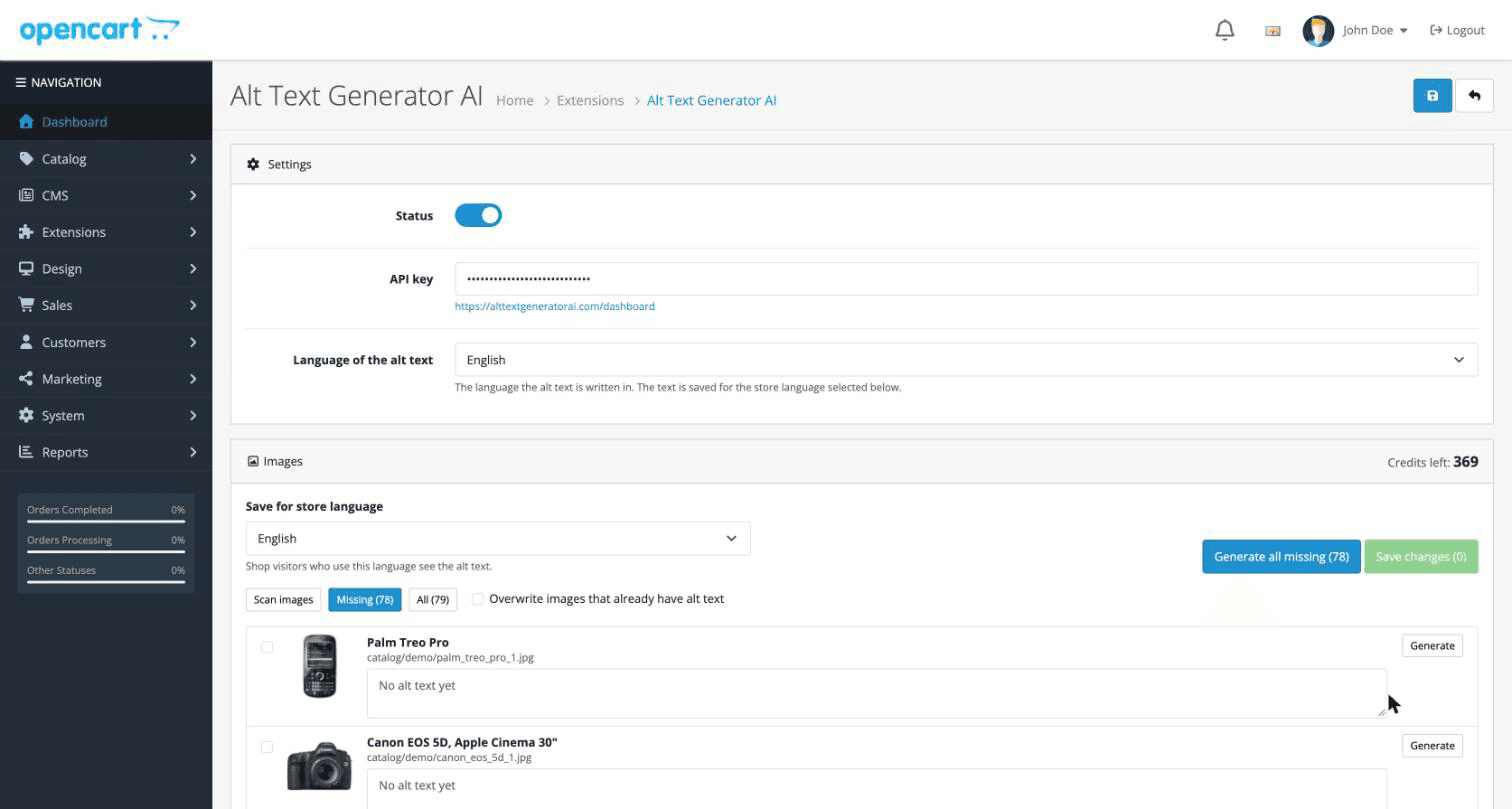 Alt Text Generator AI settings in the OpenCart admin with the API key field