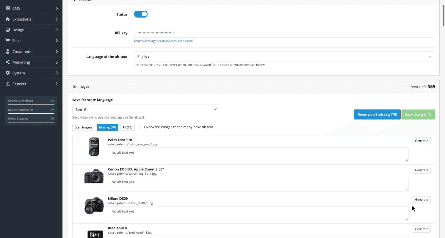 Alt Text Generator AI page in the OpenCart admin listing images that are missing alt text