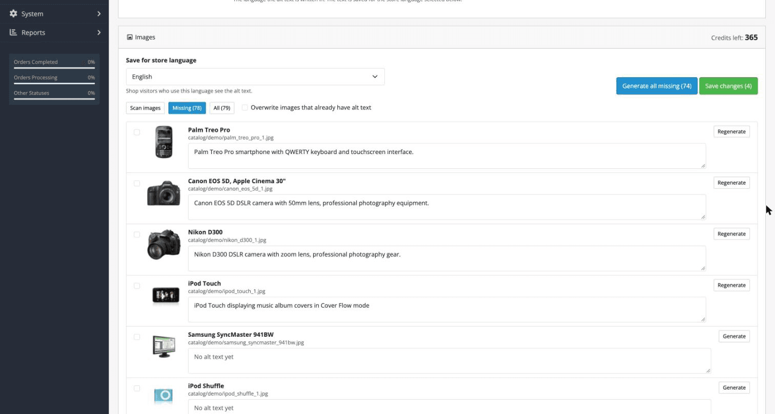 Generated alt text for each image in the OpenCart admin, ready to save