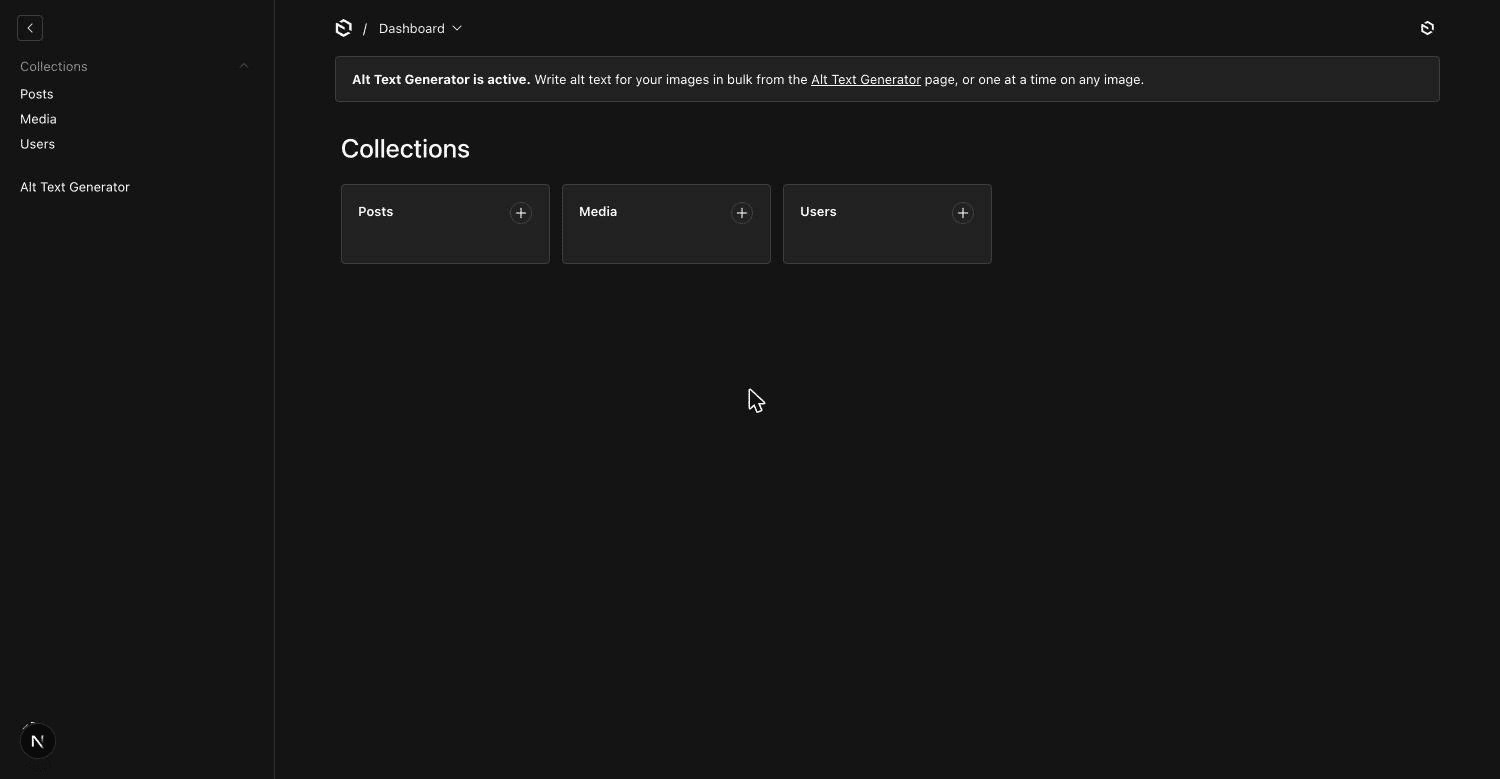 Payload dashboard with the Alt Text Generator is active note and the sidebar link