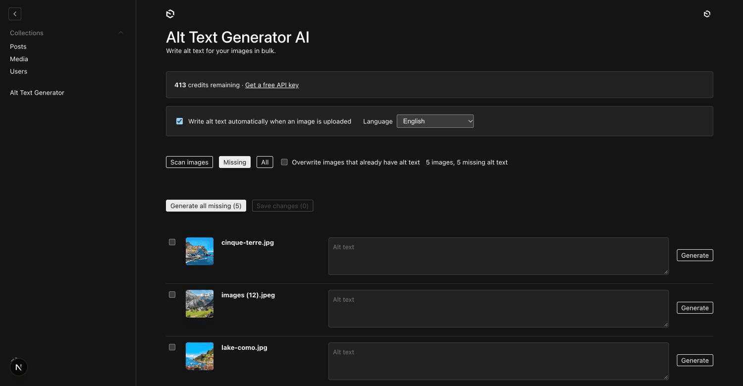 Alt Text Generator bulk page in Payload listing images that are missing alt text