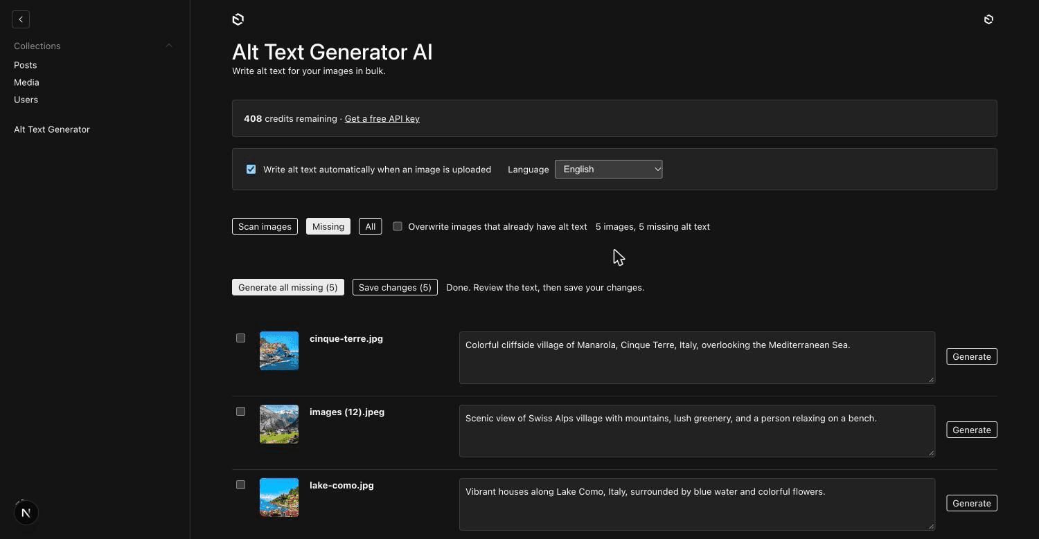 Generated alt text for each image on the bulk page, ready to save
