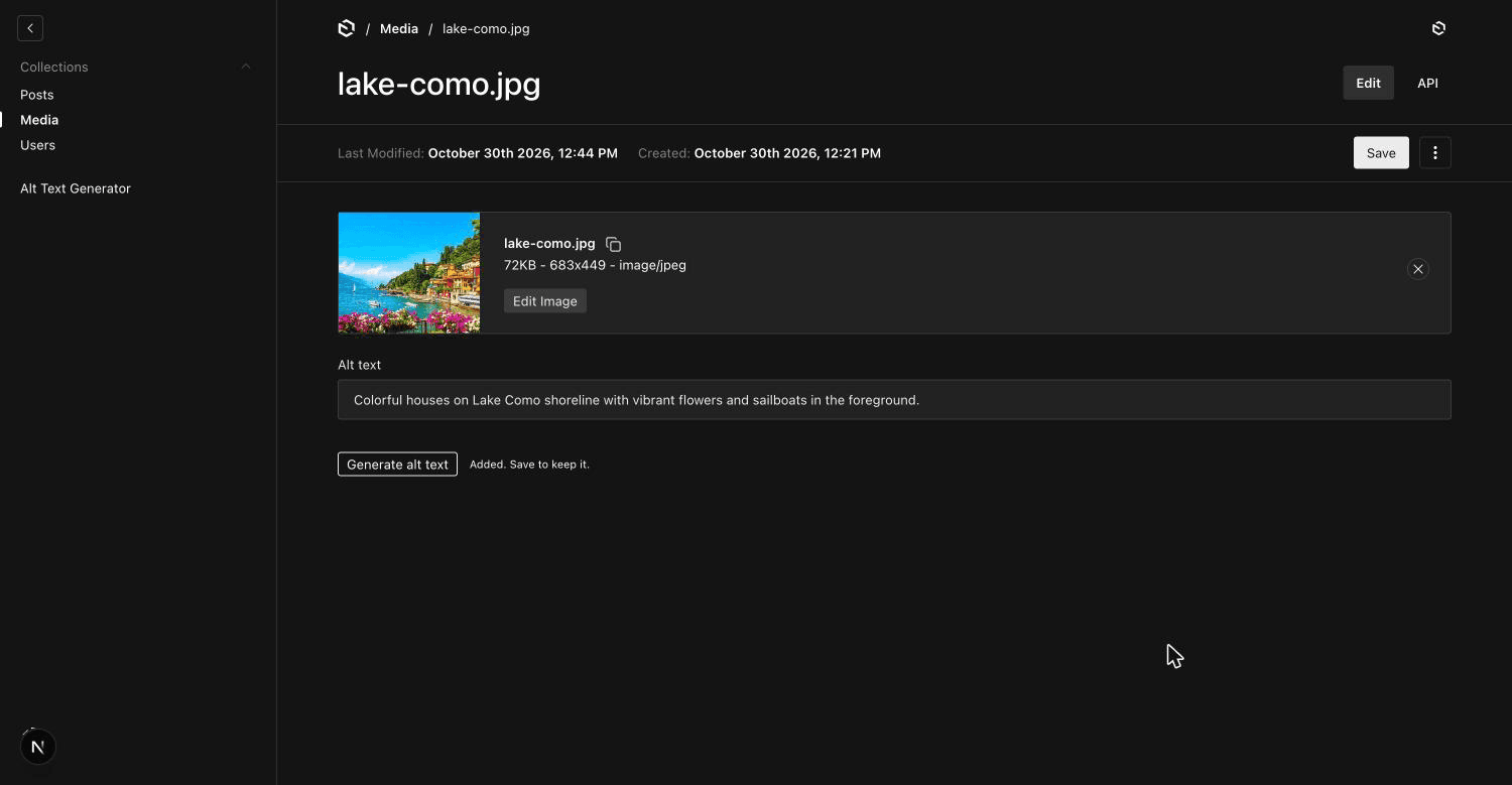 Generate alt text button under the alt text field of an image in Payload
