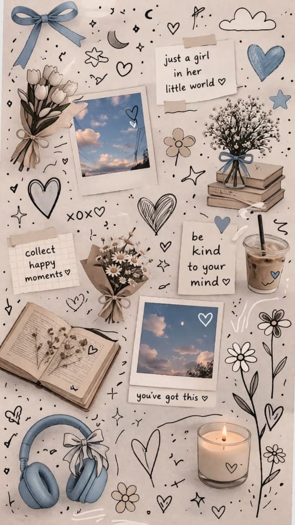 Aesthetic mood board collage with polaroids, flowers, headphones, and motivational quotes on a cream background