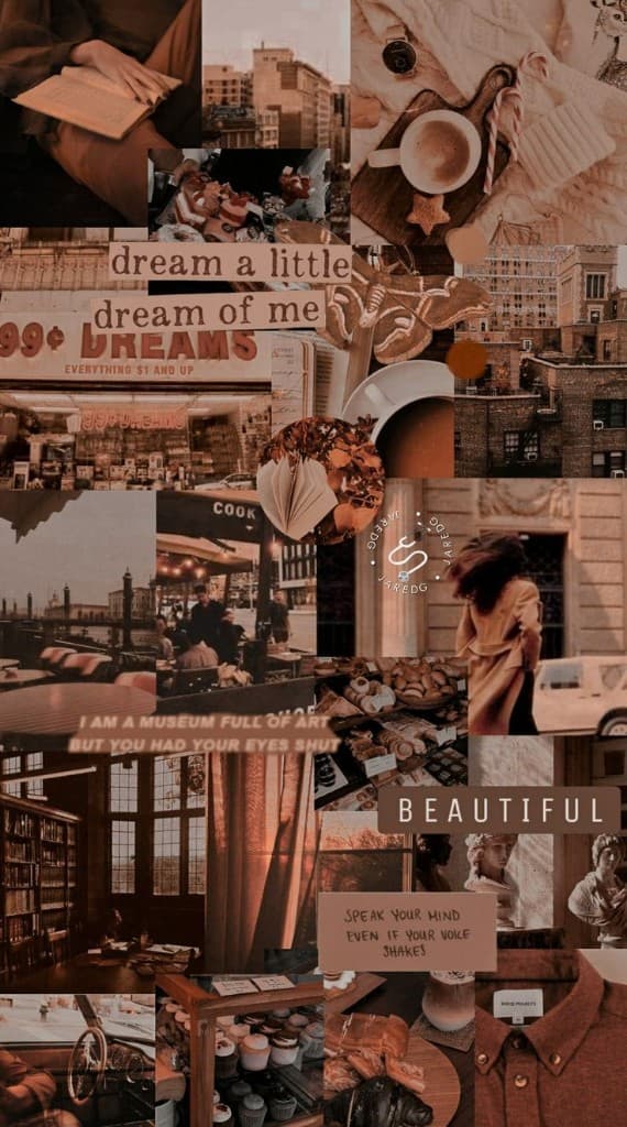 Dark academia mood board collage with library photos, coffee, city scenes, and inspirational quotes in brown tones
