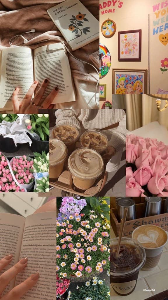 Pinterest lifestyle collage featuring books, tulips, iced coffee, pink roses, and wall art