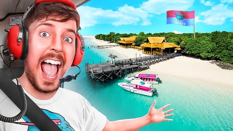YouTube thumbnail of a creator pointing at a tropical island with a Beast flag and pink boats