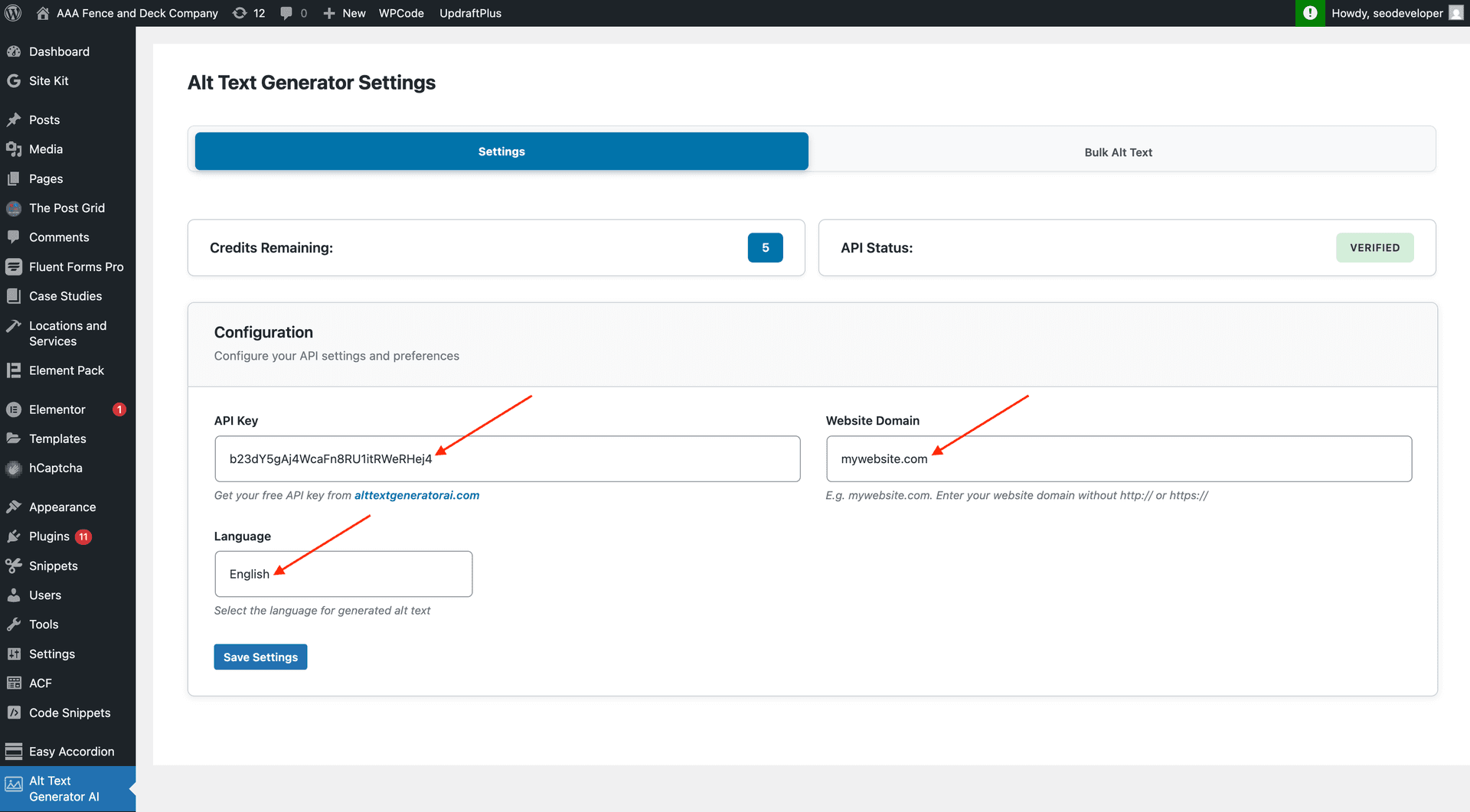 WordPress API key configuration step 2