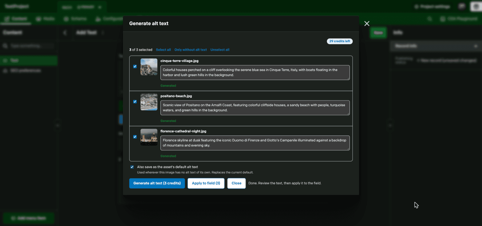 The record window with the option to also save the alt text on the assets