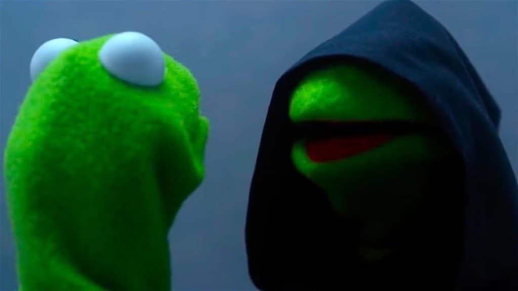 Evil Kermit meme showing Kermit facing a hooded dark version of himself