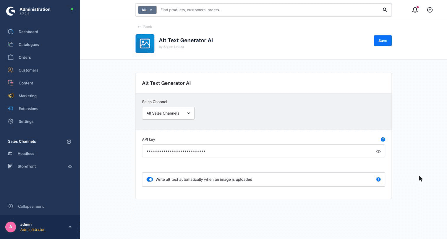 Alt Text Generator AI plugin settings in the Shopware administration with the API key field