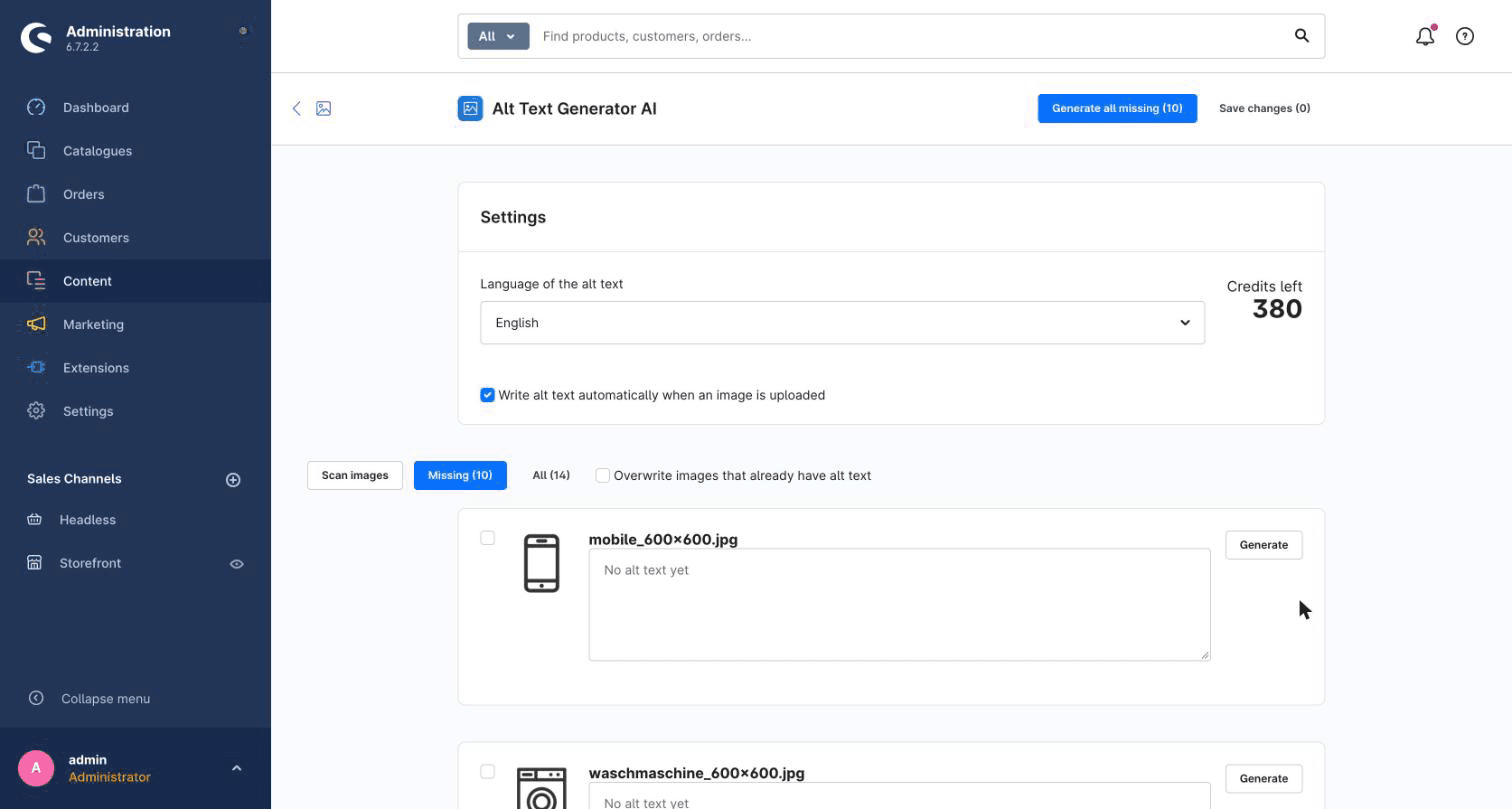Alt Text Generator AI page in the Shopware administration listing images that are missing alt text