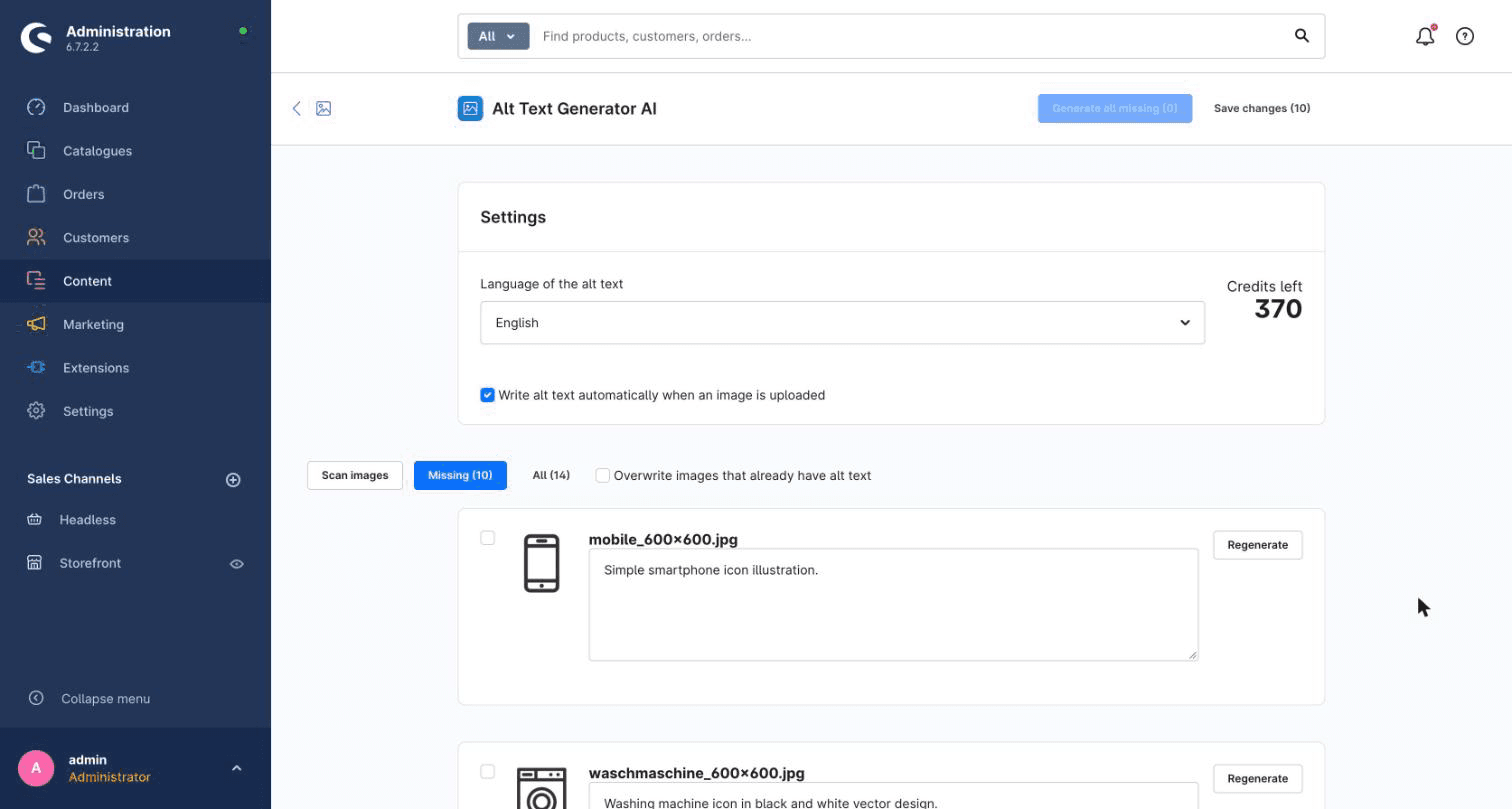 Generated alt text for each image in the Shopware administration, ready to save