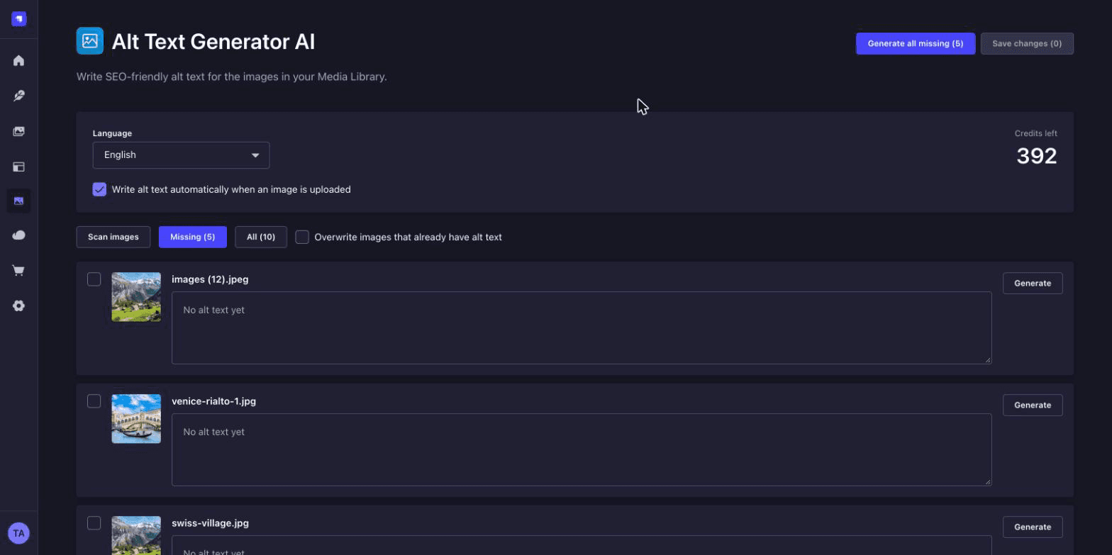 Alt Text Generator AI page in the Strapi admin listing images that are missing alt text