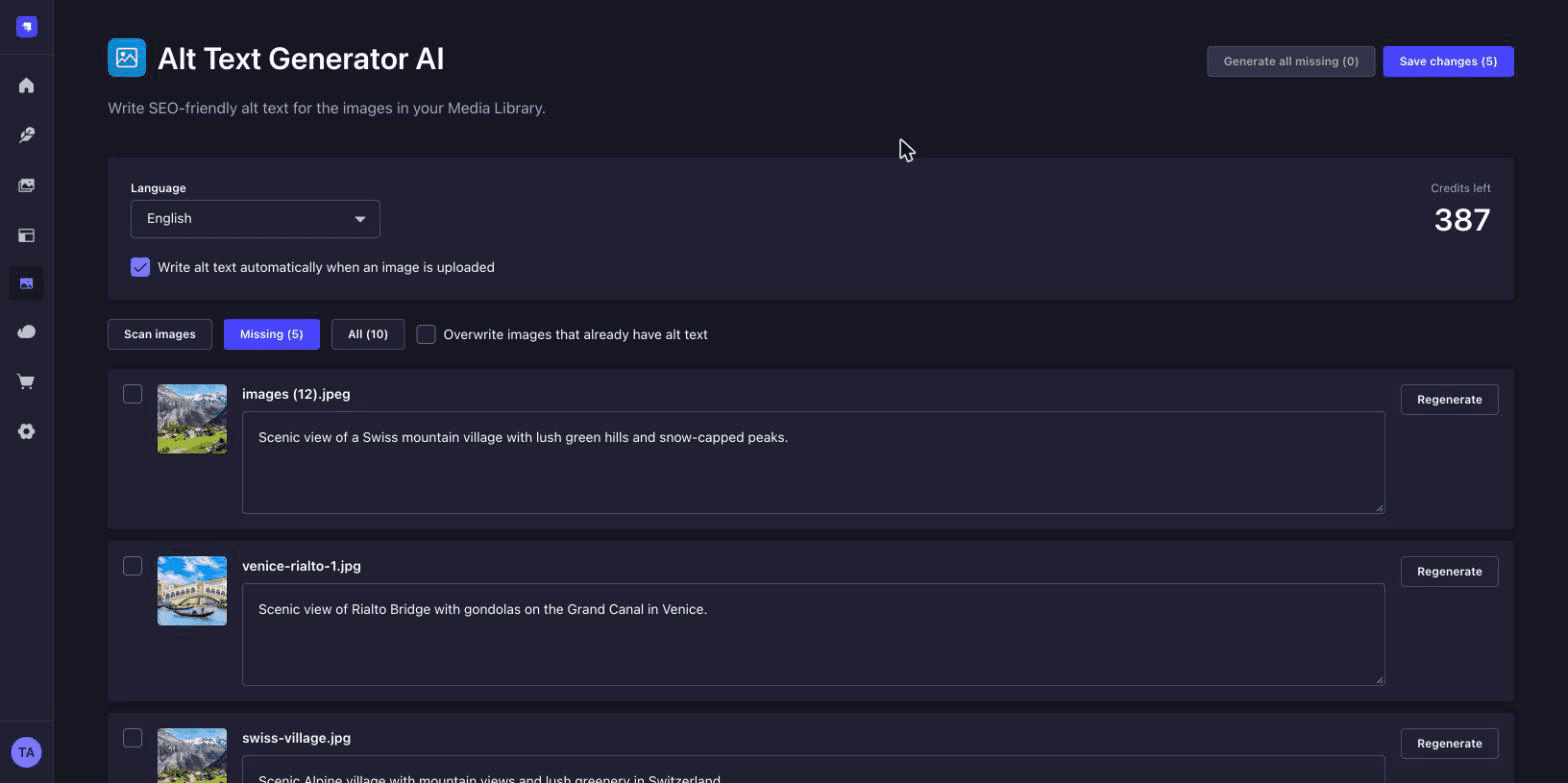 Generated alt text for each image on the Strapi bulk page, ready to save