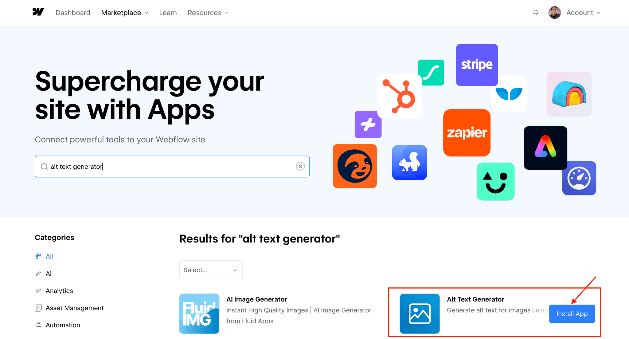 Webflow app installation step 1