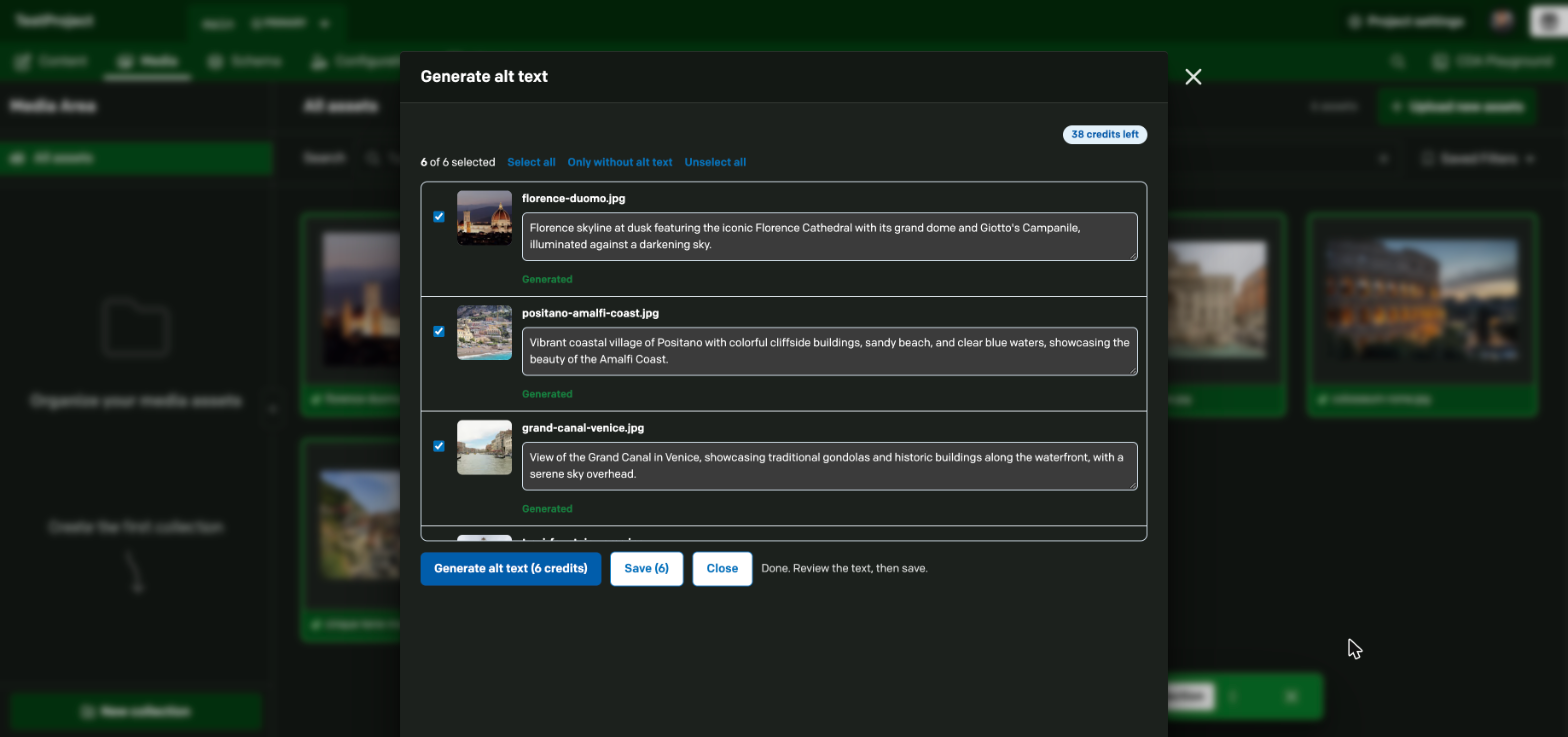 The Generate alt text dialog with generated descriptions