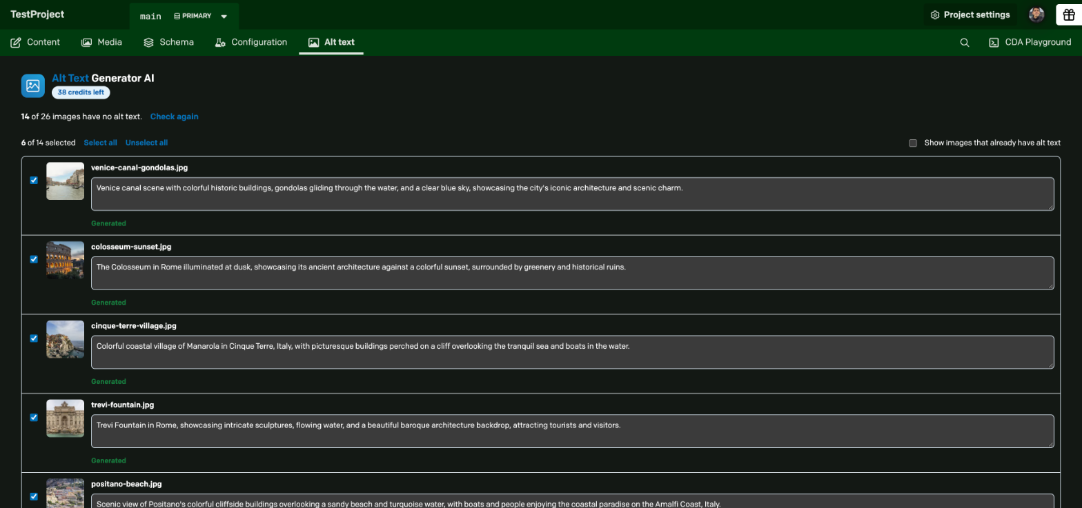 The Alt text page listing the images without alt text
