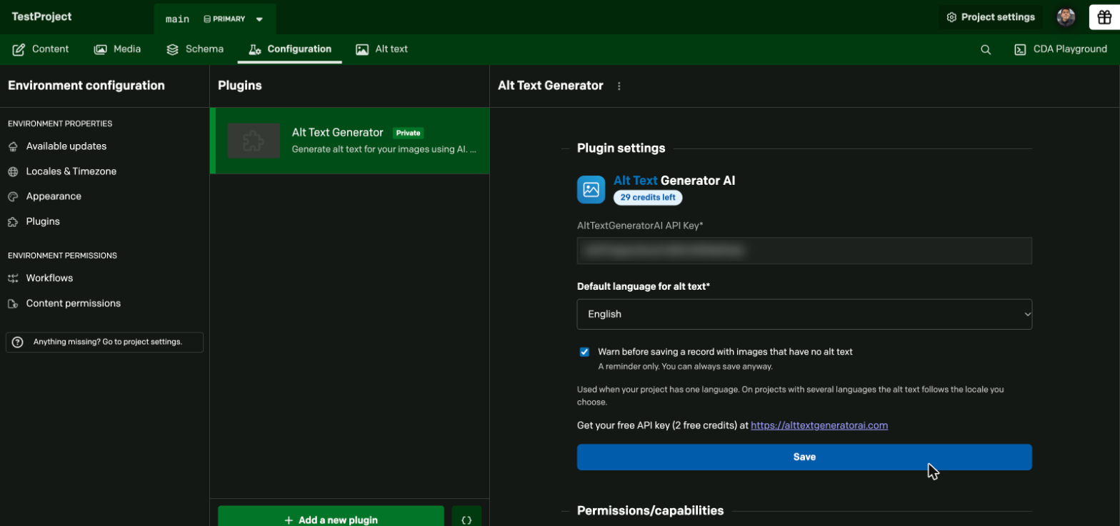 The plugin settings with the credits badge