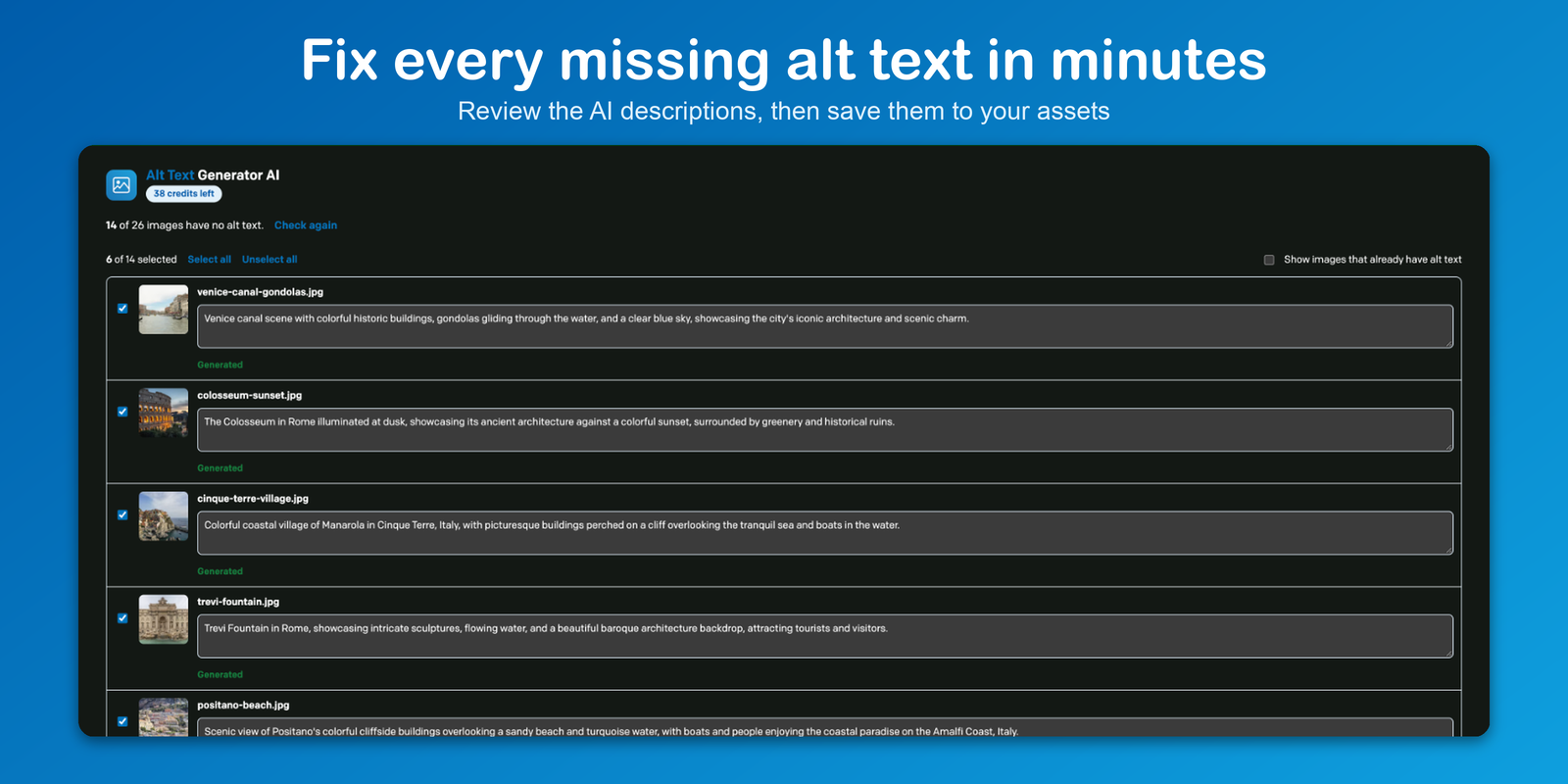 Alt Text Generator AI in the DatoCMS Alt text page